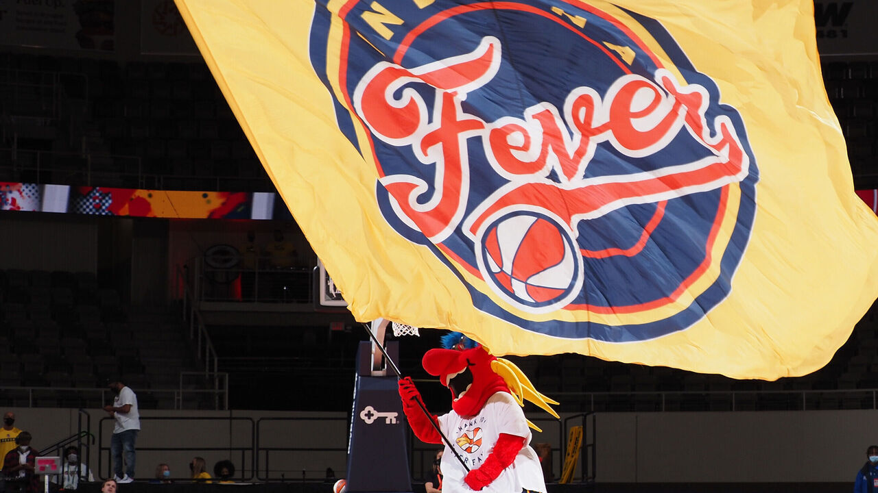 INDIANAPOLIS, IN - SEPTEMBER 17: Indiana Fever mascot, Freddy Fever waives a flag before the game against the Minnesota Lynx on September 17, 2021 at the Indiana Farmers Coliseum in Indianapolis, Indiana. Mandatory Copyright Notice: Copyright 2021 NBAE