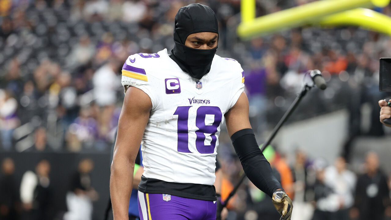 LAS VEGAS, NEVADA - DECEMBER 10: Justin Jefferson #18 of the Minnesota Vikings looks on before the game against the Las Vegas Raiders at Allegiant Stadium on December 10, 2023 in Las Vegas, Nevada.