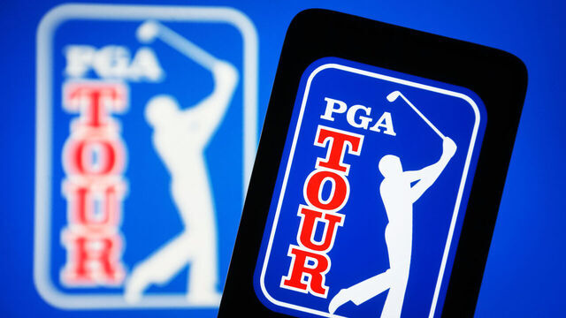 UKRAINE - 2023/10/21: In this photo illustration, the PGA Tour logo is seen displayed on a smartphone and on a pc screen. (Photo Illustration by Pavlo Gonchar/SOPA Images/LightRocket via Getty Images)