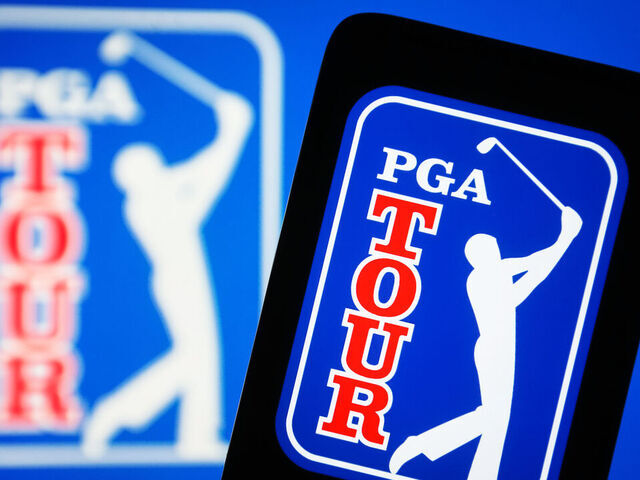 UKRAINE - 2023/10/21: In this photo illustration, the PGA Tour logo is seen displayed on a smartphone and on a pc screen. (Photo Illustration by Pavlo Gonchar/SOPA Images/LightRocket via Getty Images)
