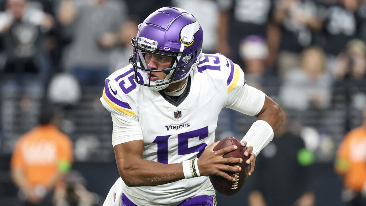 LAS VEGAS, NEVADA - DECEMBER 10: Joshua Dobbs #15 of the Minnesota Vikings carries the ball during the first half of the game against the Las Vegas Raiders at Allegiant Stadium on December 10, 2023 in Las Vegas, Nevada.