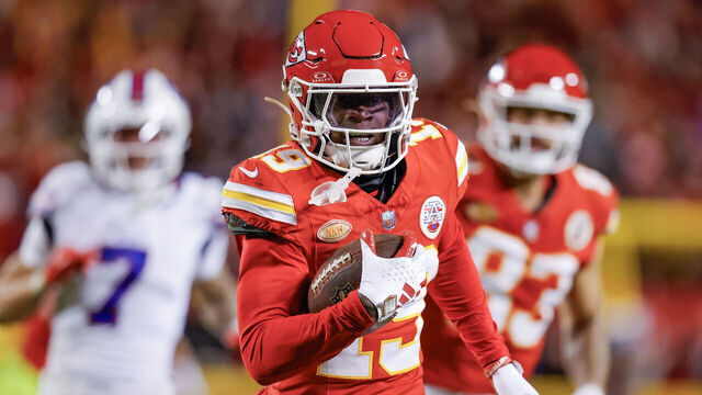 KANSAS CITY, MISSOURI - DECEMBER 10: Kadarius Toney #19 of the Kansas City Chiefs carries the ball for a touchdown on a play that was called back due to a penalty during the second half of the game against the Buffalo Bills at GEHA Field at Arrowhead Stadium on December 10, 2023 in Kansas City, Missouri.