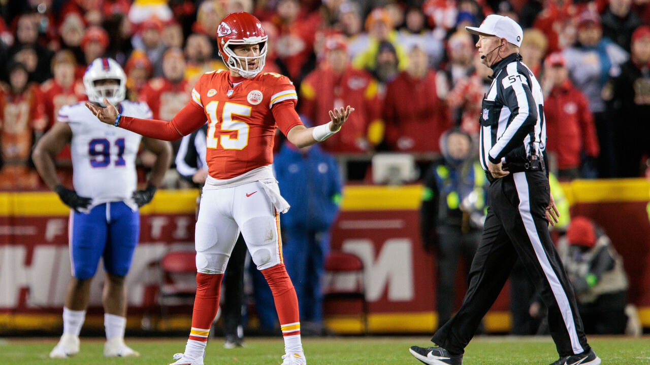 KANSAS CITY, MO - DECEMBER 10: Kansas City Chiefs quarterback Patrick Mahomes (15) reacts after a call during the second half against the Buffalo Bills on December 10th at Arrowhead Stadium in Kansas City, Missouri.