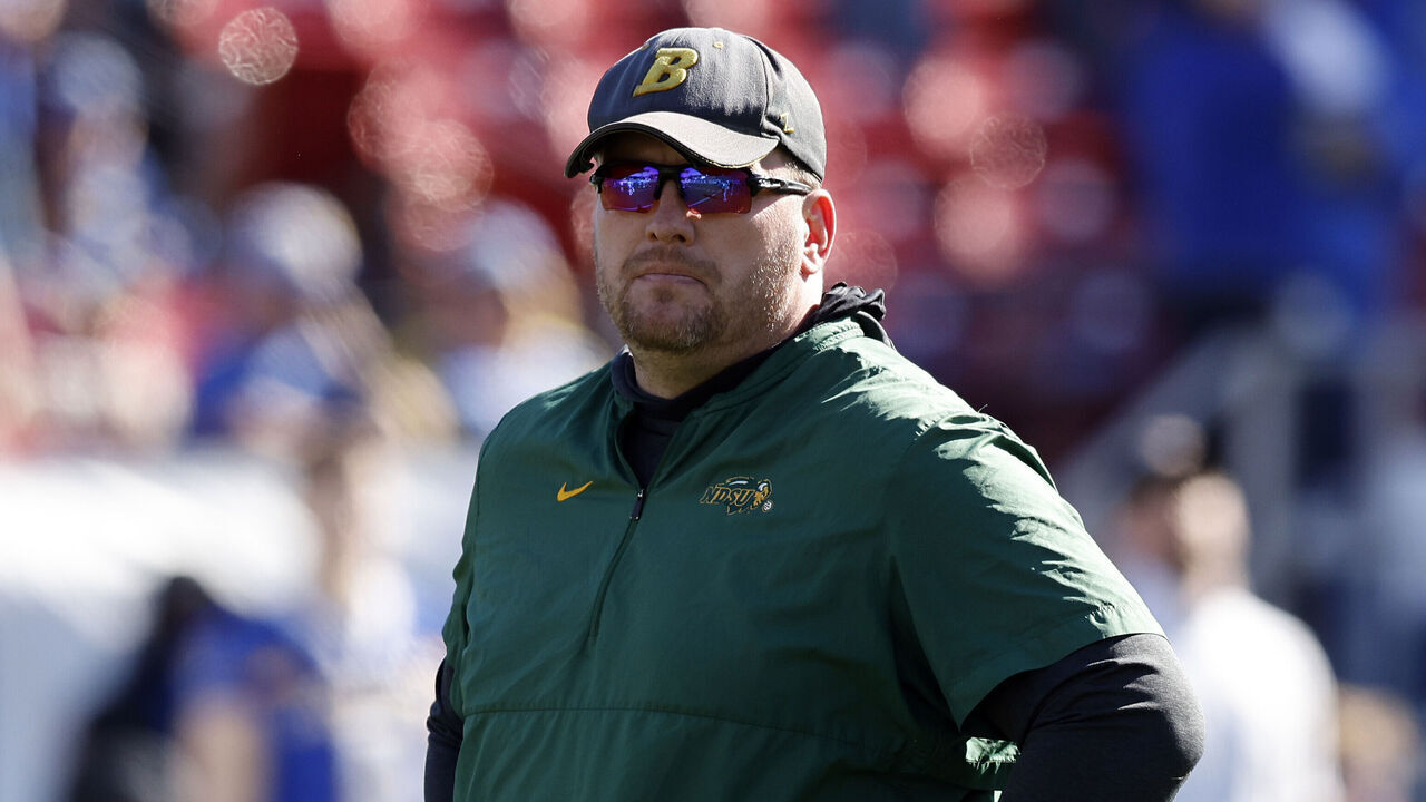 FRISCO, TX - JANUARY 08: North Dakota State Bison head coach Matt Entz looks on against the South Dakota Jackrabbits during the FCS Championship game on January 08, 2023 at the Toyota Stadium in Frisco, TX.