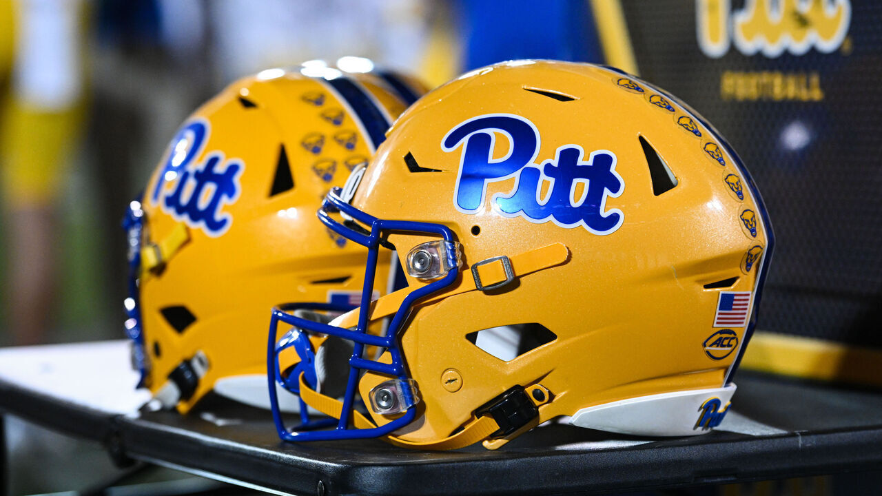 LOUISVILLE, KY - OCTOBER 22: Pittsburgh helmets sit on the sideline during a college football game between the Pittsburgh Panthers and Louisville Cardinals on October 22, 2022 at Cardinal Stadium in Louisville, Kentucky.