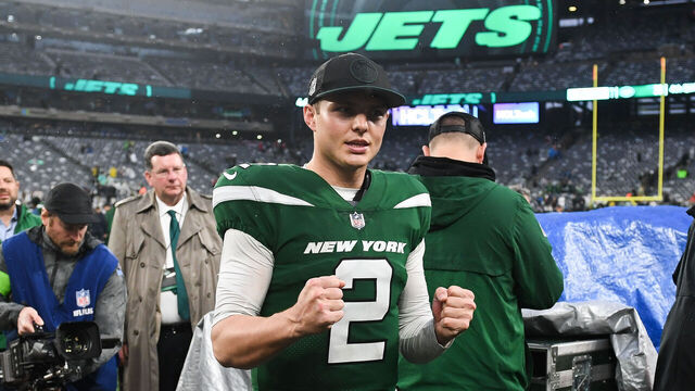 EAST RUTHERFORD, NJ - DECEMBER 10: Zach Wilson #2 of the New York Jets celebrates following the game against the Houston Texans at MetLife Stadium on December 10, 2023 in East Rutherford, New Jersey.
