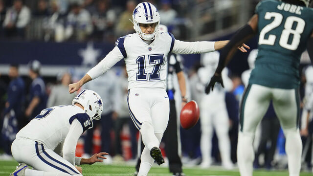 ARLINGTON, TX - DECEMBER 10: Brandon Aubrey #17 of the Dallas Cowboys kicks the ball against the Philadelphia Eagles during the first half at AT&T Stadium on December 10, 2023 in Arlington, Texas.