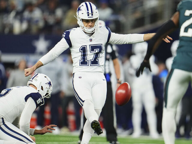 ARLINGTON, TX - DECEMBER 10: Brandon Aubrey #17 of the Dallas Cowboys kicks the ball against the Philadelphia Eagles during the first half at AT&T Stadium on December 10, 2023 in Arlington, Texas.