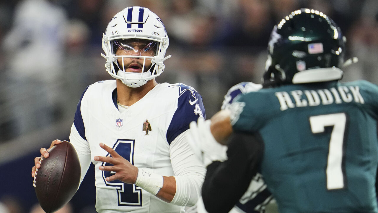 ARLINGTON, TX - DECEMBER 10: Dak Prescott #4 of the Dallas Cowboys drops back to pass against the Philadelphia Eagles during the first half at AT&T Stadium on December 10, 2023 in Arlington, Texas.