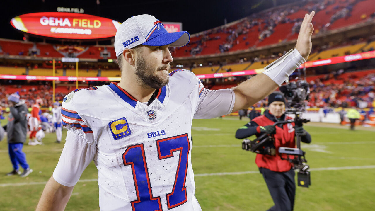 KANSAS CITY, MISSOURI - DECEMBER 10: Josh Allen #17 of the Buffalo Bills reacts after the game against the Kansas City Chiefs at GEHA Field at Arrowhead Stadium on December 10, 2023 in Kansas City, Missouri.