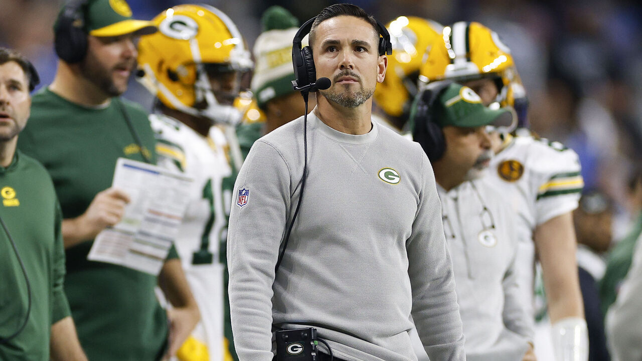 DETROIT, MICHIGAN - NOVEMBER 23: Head coach Matt LaFleur of the Green Bay Packers looks on during the first quarter of the game against the Detroit Lions at Ford Field on November 23, 2023 in Detroit, Michigan.