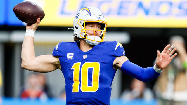Inglewood, CA - December 10: Los Angeles Chargers quarterback Justin Herbert (10) throws a pass against the Denver Broncos during the first half at SoFi Stadium in Inglewood Sunday, Dec. 10, 2023. (Allen J. Schaben / Los Angeles Times via Getty Images)