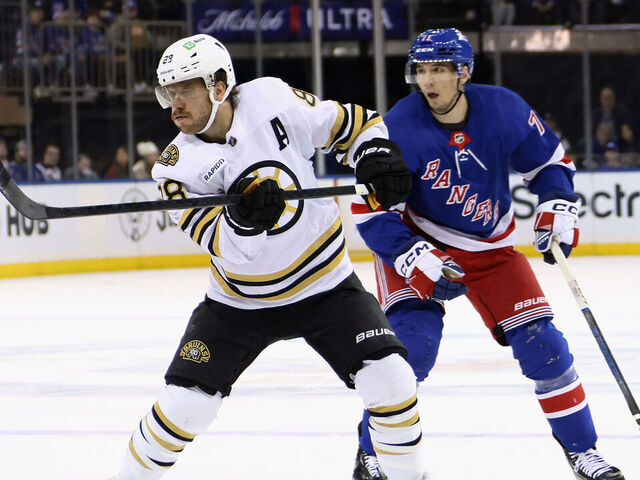 NEW YORK, NEW YORK - NOVEMBER 25: David Pastrnak #88 of the Boston Bruins skates against the New York Rangers at Madison Square Garden on November 25, 2023 in New York City.