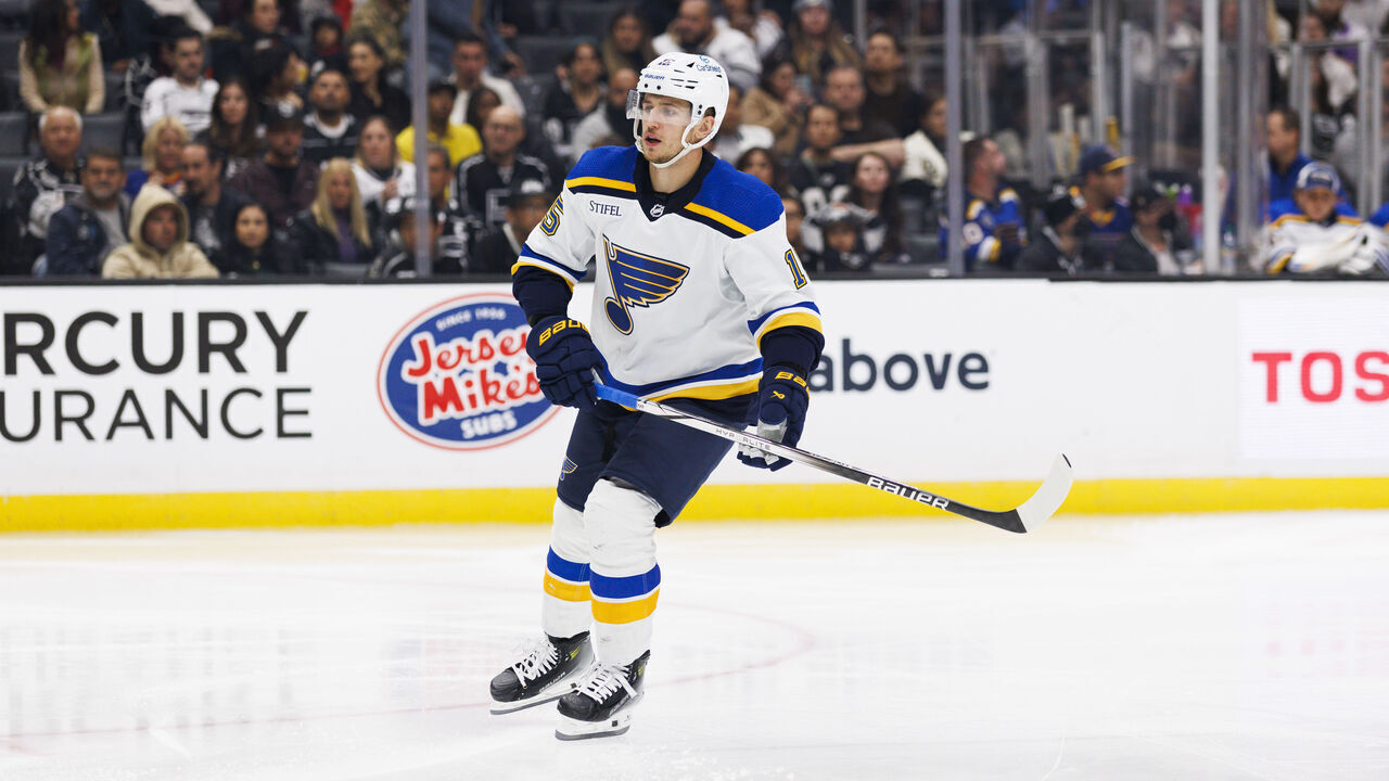 LOS ANGELES, CA - NOVEMBER 18: St. Louis Blues left wing Jakub Vrana (15) skates during an NHL hockey game against the Los Angeles Kings on November 18, 2023 at Crypto.com Arena in Los Angeles, CA.