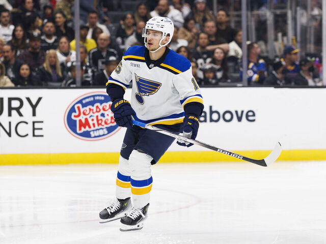 LOS ANGELES, CA - NOVEMBER 18: St. Louis Blues left wing Jakub Vrana (15) skates during an NHL hockey game against the Los Angeles Kings on November 18, 2023 at Crypto.com Arena in Los Angeles, CA.