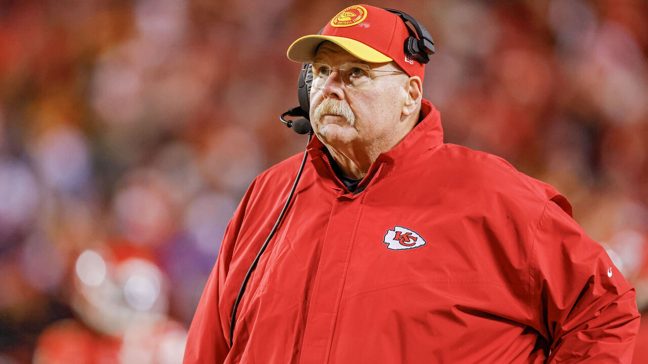 KANSAS CITY, MISSOURI - DECEMBER 10: Head coach Andy Reid of the Kansas City Chiefs looks on during the second half of the game against the Buffalo Bills at GEHA Field at Arrowhead Stadium on December 10, 2023 in Kansas City, Missouri.
