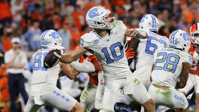 CLEMSON, SC - NOVEMBER 18: North Carolina Tar Heels quarterback Drake Maye (10) during a college football game between the North Carolina Tar Heels and the Clemson Tigers on November 18, 2023 at Clemson Memorial Stadium in Clemson, S.C.