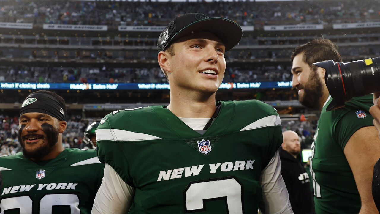 EAST RUTHERFORD, NEW JERSEY - DECEMBER 10: Zach Wilson #2 of the New York Jets reacts on the field after a 30-6 win over the Houston Texans at MetLife Stadium on December 10, 2023 in East Rutherford, New Jersey.
