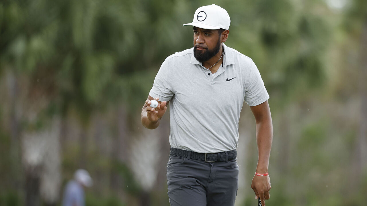 NAPLES, FLORIDA - DECEMBER 09: Tony Finau of the United States reacts on the first green during the second round of the Grant Thornton Invitational at Tiburon Golf Club on December 09, 2023 in Naples, Florida.