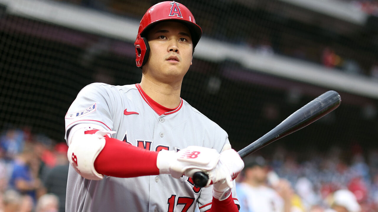 PHILADELPHIA, PENNSYLVANIA - AUGUST 29: Shohei Ohtani #17 of the Los Angeles Angels looks on before playing against the Philadelphia Phillies at Citizens Bank Park on August 29, 2023 in Philadelphia, Pennsylvania.