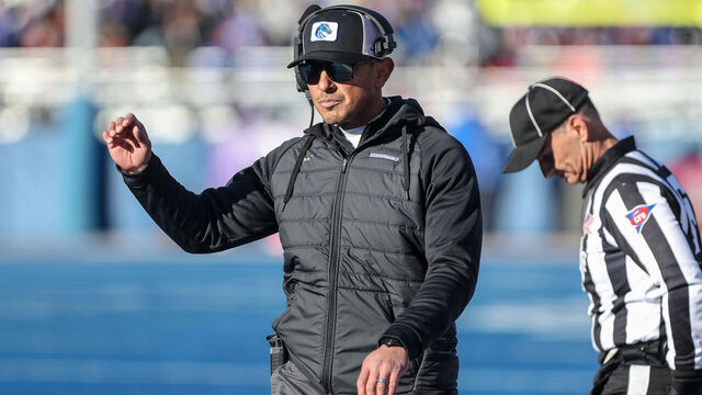 BOISE, ID - DECEMBER 03: Head Coach Andy Avalos of the Boise State Broncos works the sidelines during first half action against the Fresno State Bulldogs at Albertsons Stadium on November 25, 2022 in Boise, Idaho.