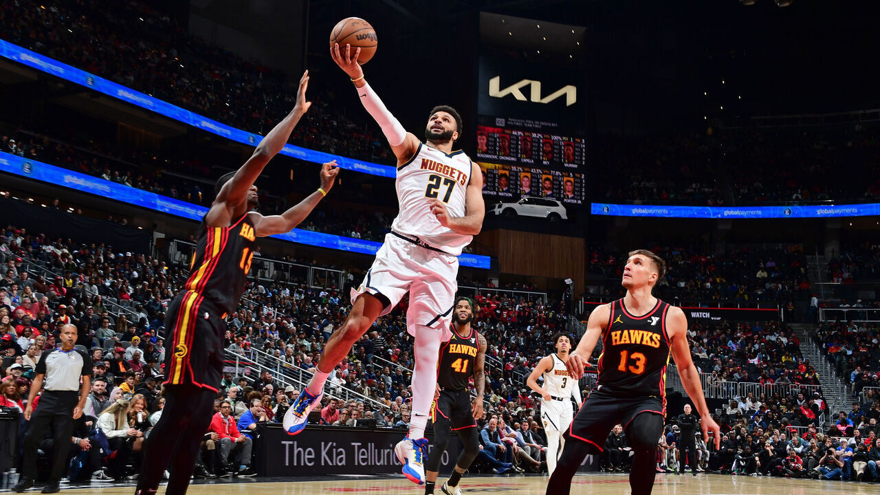 ATLANTA, GA - DECEMBER 11: Jamal Murray #27 of the Denver Nuggets shoots the ball during the game against the Atlanta Hawks on December 11, 2023 at State Farm Arena in Atlanta, Georgia. NOTE TO USER: User expressly acknowledges and agrees that, by downloading and/or using this Photograph, user is consenting to the terms and conditions of the Getty Images License Agreement. Mandatory Copyright Notice: Copyright 2023 NBAE