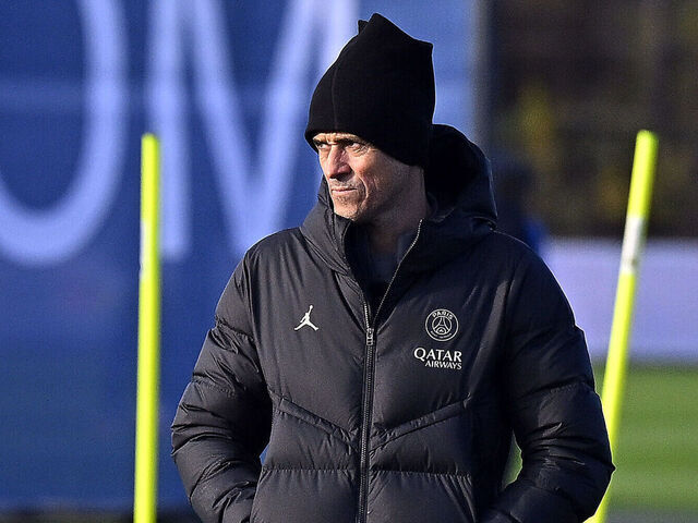 PARIS, FRANCE - DECEMBER 11: Luis Enrique looks on during a Paris Saint-Germain training session at Campus PSG on December 11, 2023 in Paris, France.