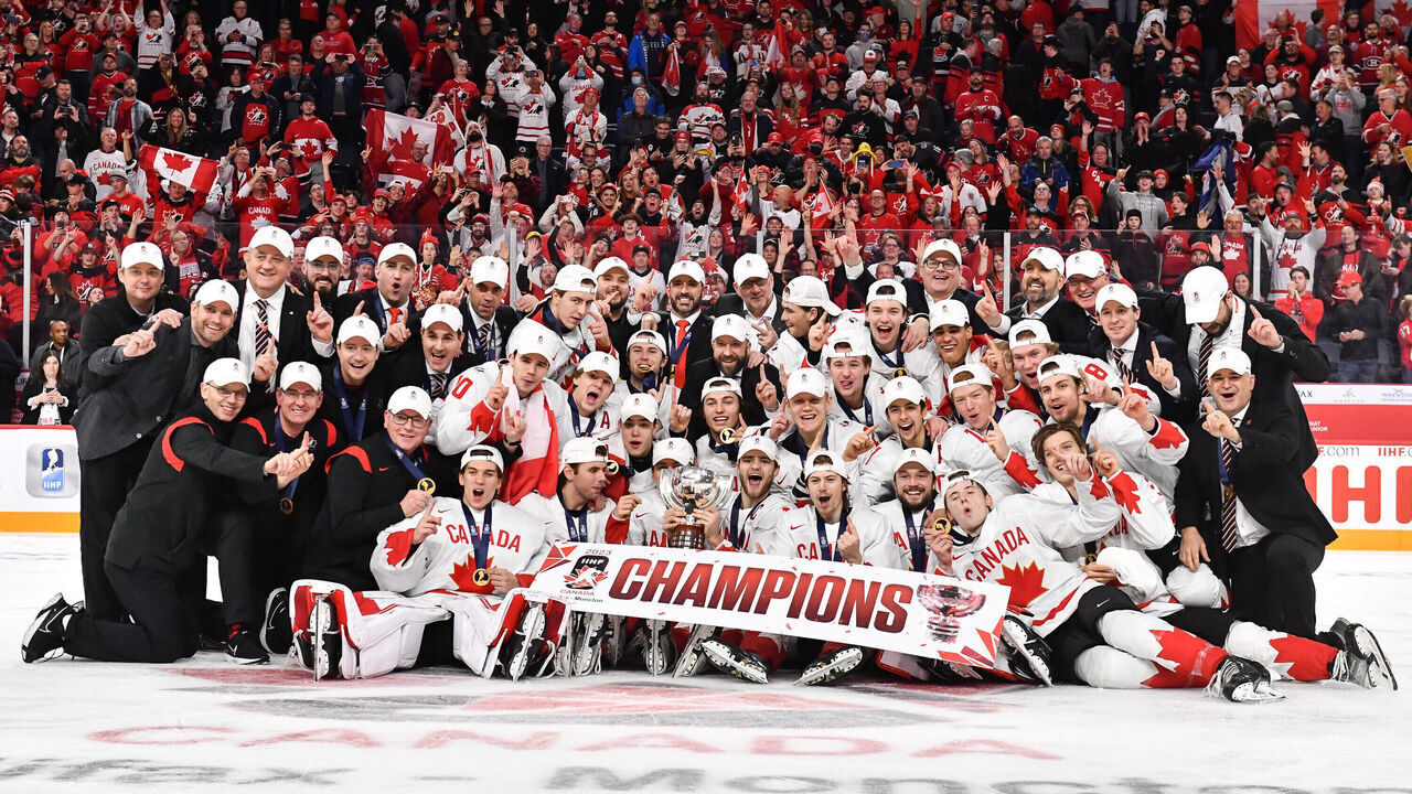 HALIFAX, CANADA - JANUARY 05: Team Canada pose with their gold medals and the IIHF World Championship Cup after defeating Team Czech Republic 3-2 in overtime at the 2023 IIHF World Junior Championship at Scotiabank Centre on January 5, 2023 in Halifax, Nova Scotia, Canada.