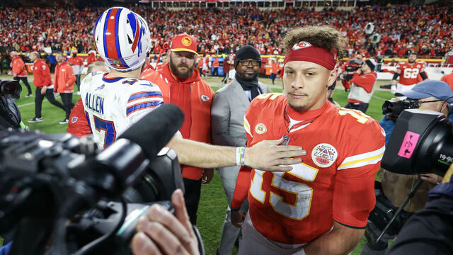 KANSAS CITY, MISSOURI - DECEMBER 10: Patrick Mahomes #15 of the Kansas City Chiefs reacts with Josh Allen #17 of the Buffalo Bills after the game at GEHA Field at Arrowhead Stadium on December 10, 2023 in Kansas City, Missouri.