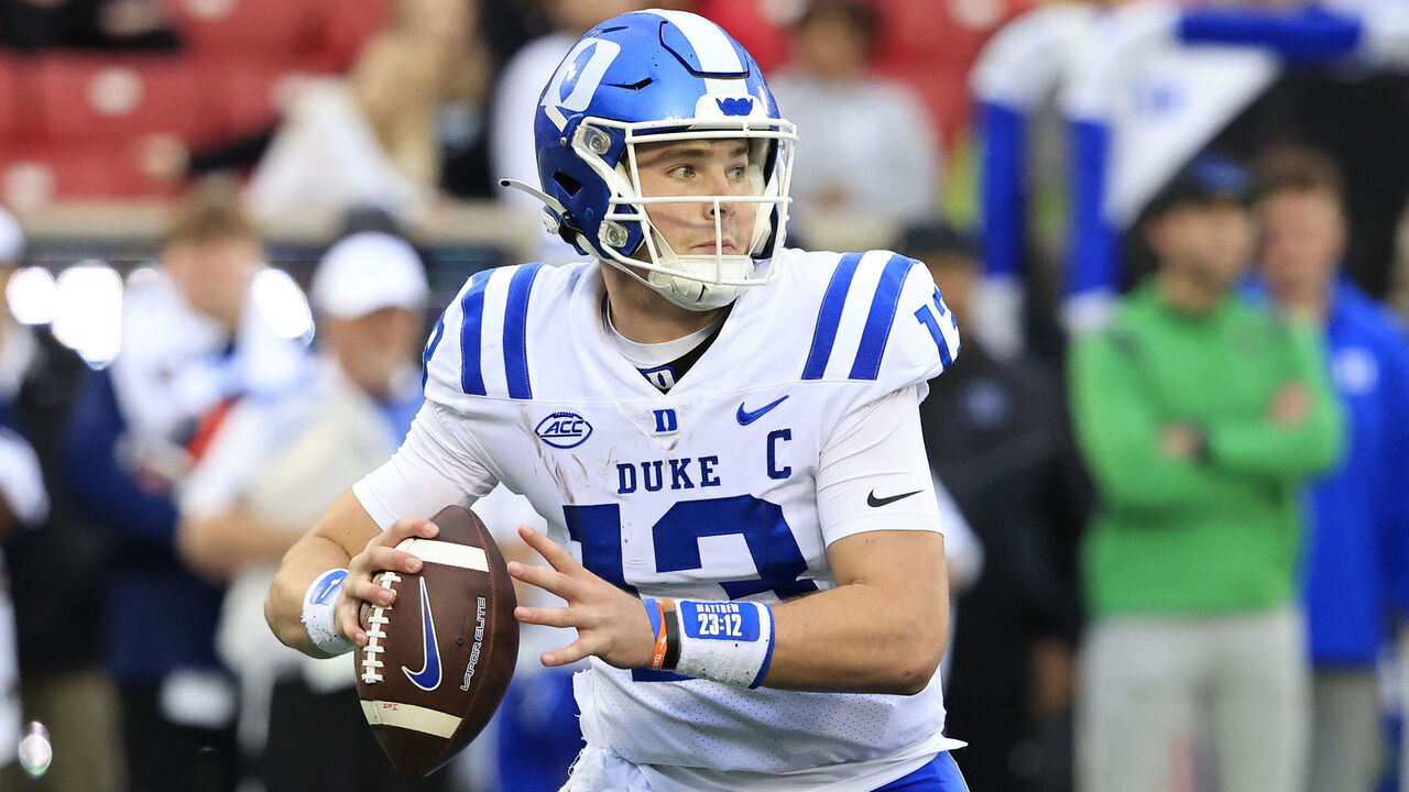 LOUISVILLE, KENTUCKY - OCTOBER 28: Riley Leonard #13 of the Duke Blue Devils looks to pass in the game against the Louisville Cardinals at Cardinal Stadium on October 28, 2023 in Louisville, Kentucky.