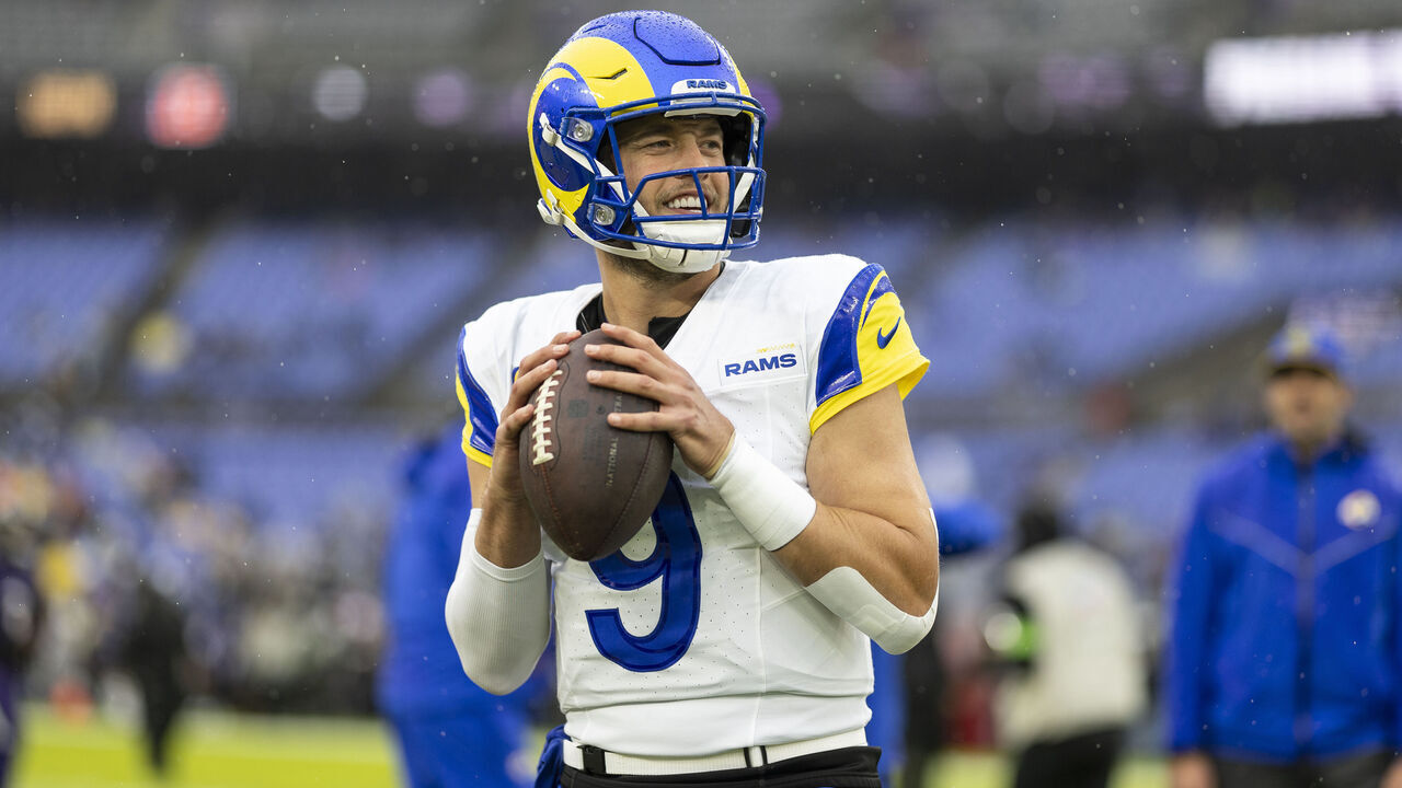 BALTIMORE, MARYLAND - DECEMBER 10: Matthew Stafford #9 of the Los Angeles Rams looks to pass as he warms up prior to an NFL football game between the Baltimore Ravens and the Los Angeles Rams at M&T Bank Stadium on December 10, 2023 in Baltimore, Maryland.