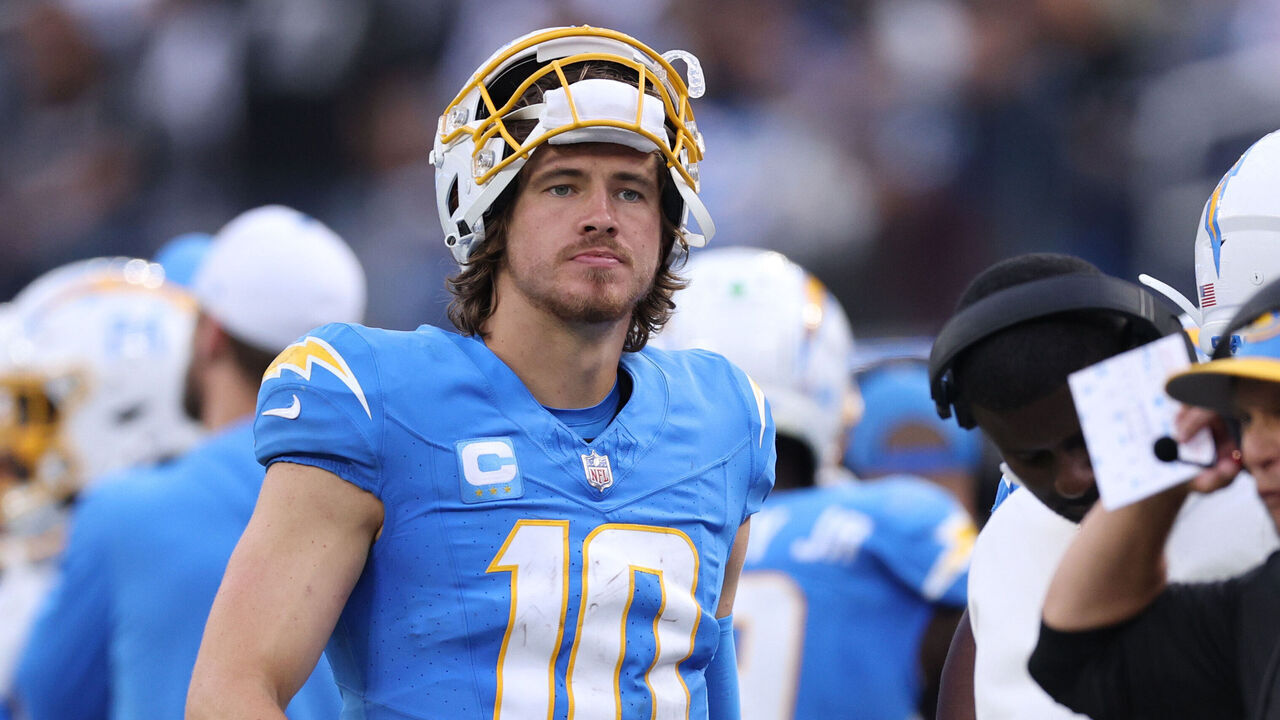 INGLEWOOD, CALIFORNIA - OCTOBER 01: Justin Herbert #10 of the Los Angeles Chargers reacts on the sidelines during a 24-17 Chargers win over the Las Vegas Raiders at SoFi Stadium on October 01, 2023 in Inglewood, California.