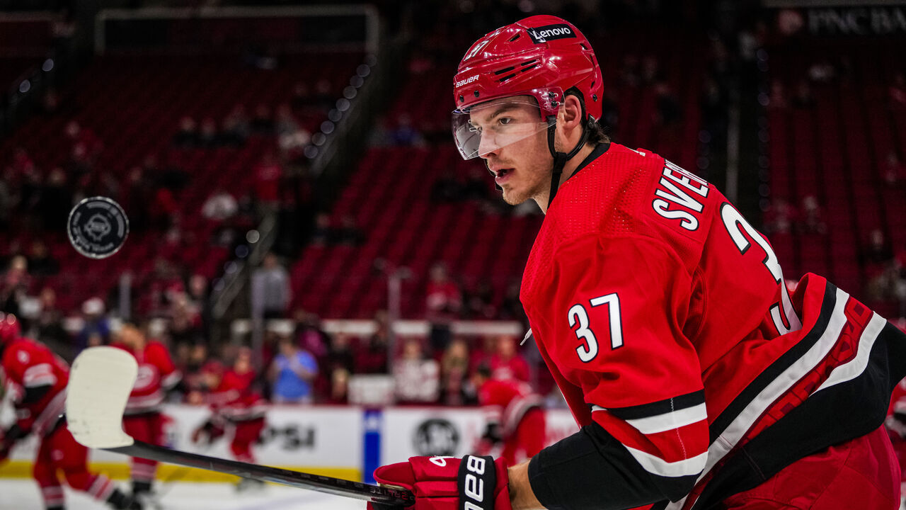RALEIGH, NORTH CAROLINA - NOVEMBER 26: Andrei Svechnikov #37 of the Carolina Hurricanes warms up prior to a game against the Columbus Blue Jackets at PNC Arena on November 26, 2023 in Raleigh, North Carolina.