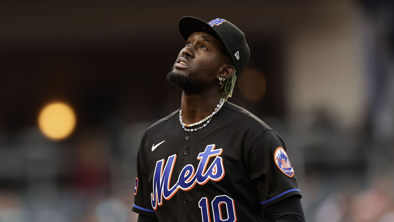 NEW YORK, NY - SEPTEMBER 30: Ronny Mauricio #10 of the New York Mets reacts against the Philadelphia Phillies during the seventh inning of the first game of a doubleheader at Citi Field on September 30, 2023 in New York City.