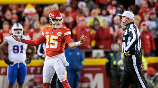 KANSAS CITY, MO - DECEMBER 10: Kansas City Chiefs quarterback Patrick Mahomes (15) reacts after a call during the second half against the Buffalo Bills on December 10th at Arrowhead Stadium in Kansas City, Missouri.