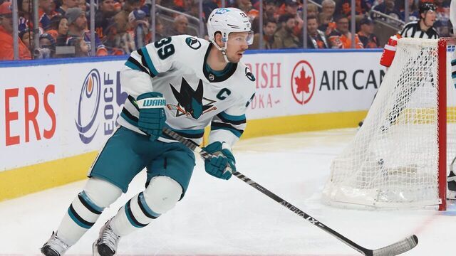 EDMONTON, CANADA - MARCH 20: Logan Couture #39 of the San Jose Sharks skates with the puck against in the first period against the Edmonton Oilers on March 20, 2023 at Rogers Place in Edmonton, Alberta, Canada.