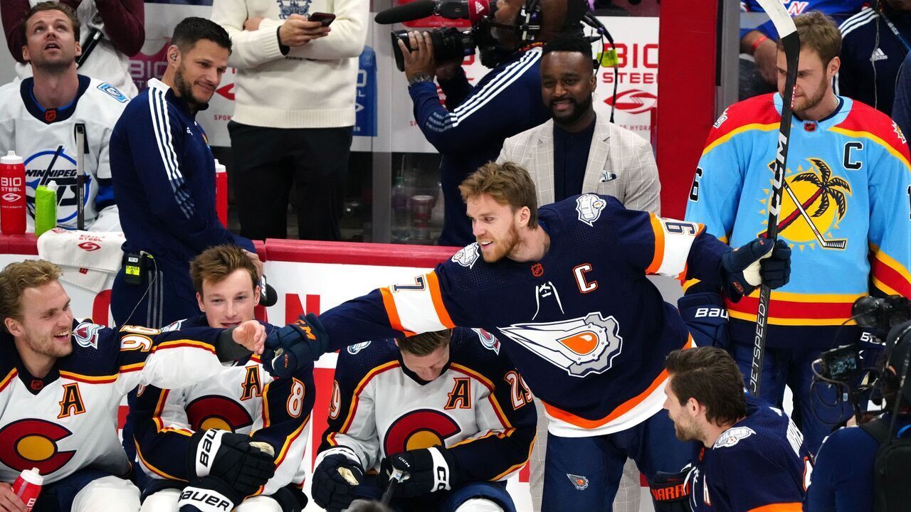SUNRISE, FLORIDA - FEBRUARY 03: Connor McDavid #97 of the Edmonton Oilers fist bumps with Mikko Rantanen #96 of the Colorado Avalanche during the Honda NHL Accuracy Shooting event during the 2023 NHL All-Star Skills Competition at FLA Live Arena on February 03, 2023 in Sunrise, Florida.