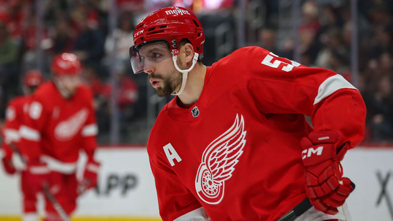 DETROIT, MI - NOVEMBER 11: Detroit Red Wings forward David Perron (57) looks on during the first period of an NHL regular season hockey game between the Columbus Blue Jackets and the Detroit Red Wings on November 11, 2023 at Little Caesars Arena in Detroit, Michigan.