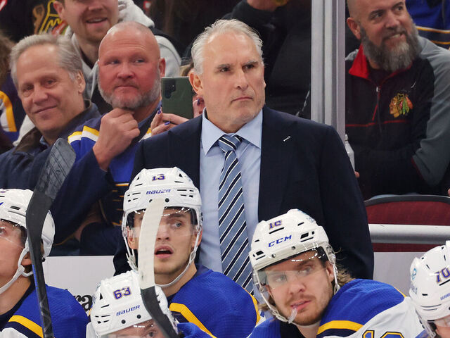 CHICAGO, ILLINOIS - DECEMBER 09: Head coach Craig Berube of the St. Louis Blues looks on against the Chicago Blackhawks during the first period at the United Center on December 09, 2023 in Chicago, Illinois.