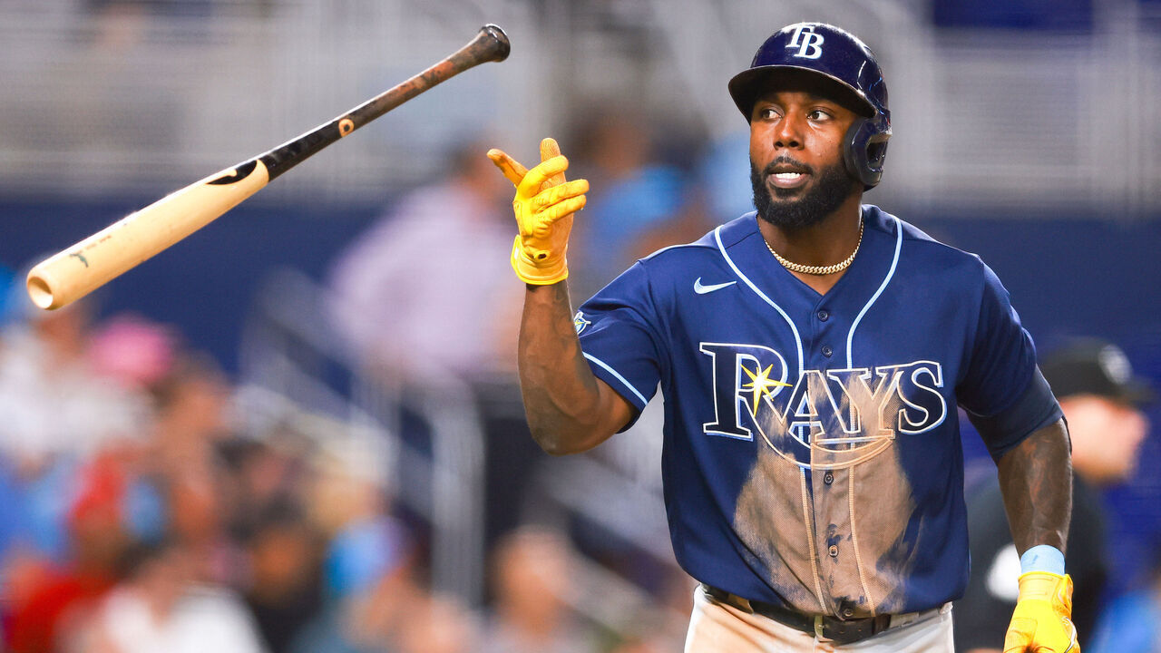 MIAMI, FLORIDA - AUGUST 29: Randy Arozarena #56 of the Tampa Bay Rays flips his bat after hitting a home run against the Miami Marlins during the seventh inning at loanDepot park on August 29, 2023 in Miami, Florida.
