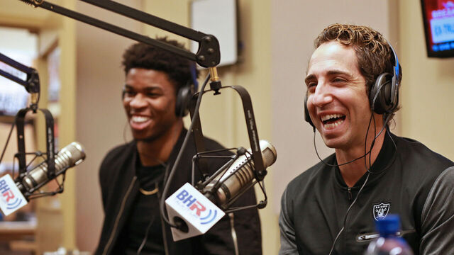 (2/23/18,Boston) Sports agent Sean Stellato (R) and Oakland Raider DB Obi Melifonwu on Boston Herald Radio. Friday, February 23, 2018. (Staff photo by Stuart Cahill)