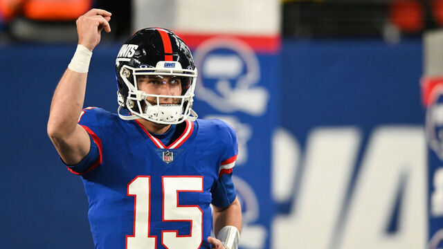 EAST RUTHERFORD, NJ - DECEMBER 11: Tommy DeVito #15 of the New York Giants runs onto the field prior to the start of the game against the Green Bay Packers at MetLife Stadium on December 11, 2023 in East Rutherford, New Jersey.