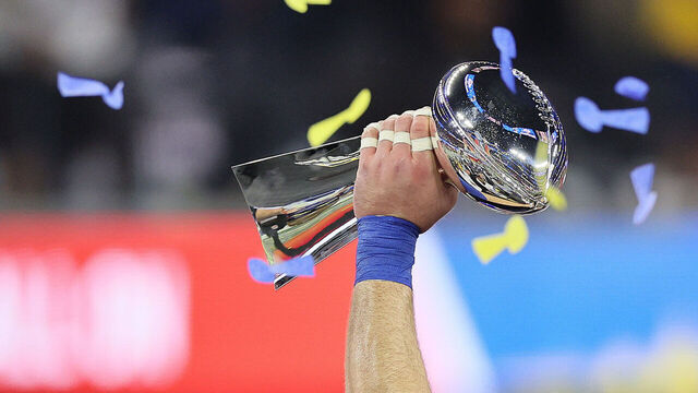 INGLEWOOD, CALIFORNIA - FEBRUARY 13: The Lombardi Trophy after the Los Angeles Rams against the Cincinnati Bengals during the Super Bowl at SoFi Stadium on February 13, 2022 in Inglewood, California.