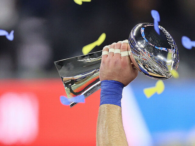 INGLEWOOD, CALIFORNIA - FEBRUARY 13: The Lombardi Trophy after the Los Angeles Rams against the Cincinnati Bengals during the Super Bowl at SoFi Stadium on February 13, 2022 in Inglewood, California.