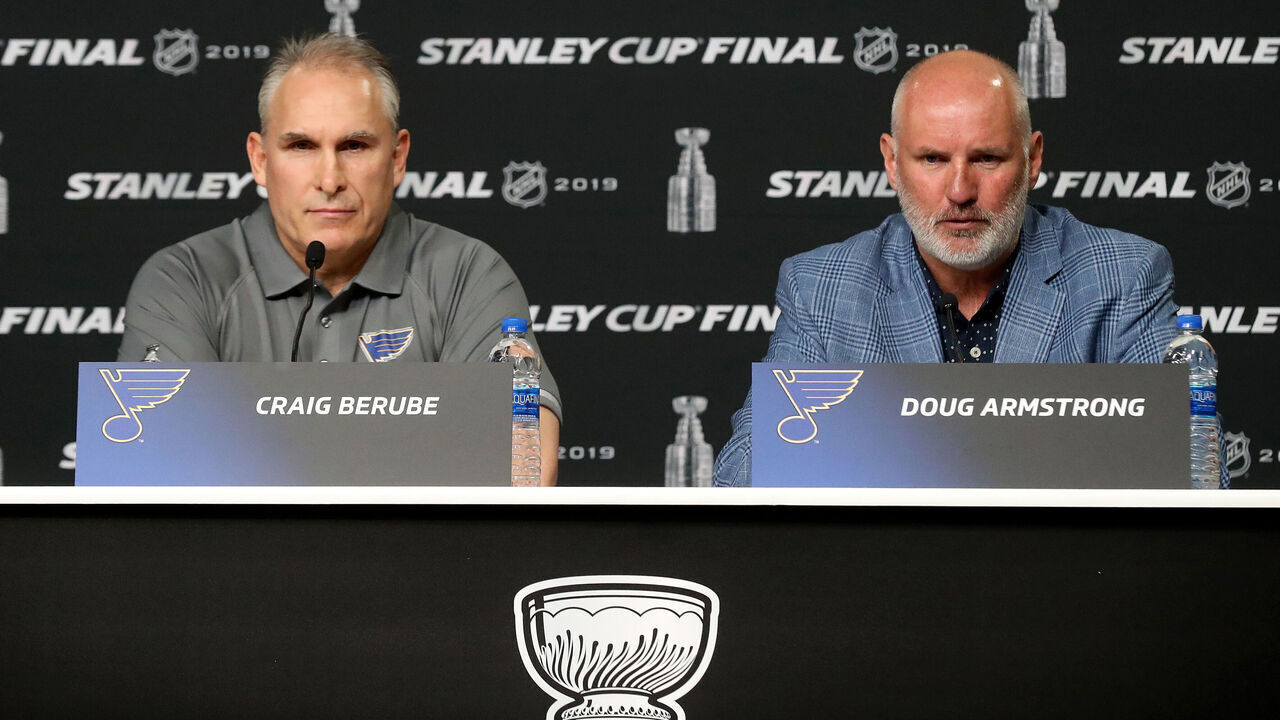 BOSTON, MASSACHUSETTS - MAY 26: Head coach Craig Berube and General Manager Doug Armstrong of the St. Louis Blues speak during Media Day ahead of the 2019 NHL Stanley Cup Final at TD Garden on May 26, 2019 in Boston, Massachusetts.
