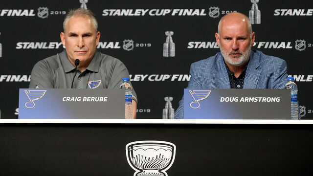 BOSTON, MASSACHUSETTS - MAY 26: Head coach Craig Berube and General Manager Doug Armstrong of the St. Louis Blues speak during Media Day ahead of the 2019 NHL Stanley Cup Final at TD Garden on May 26, 2019 in Boston, Massachusetts.