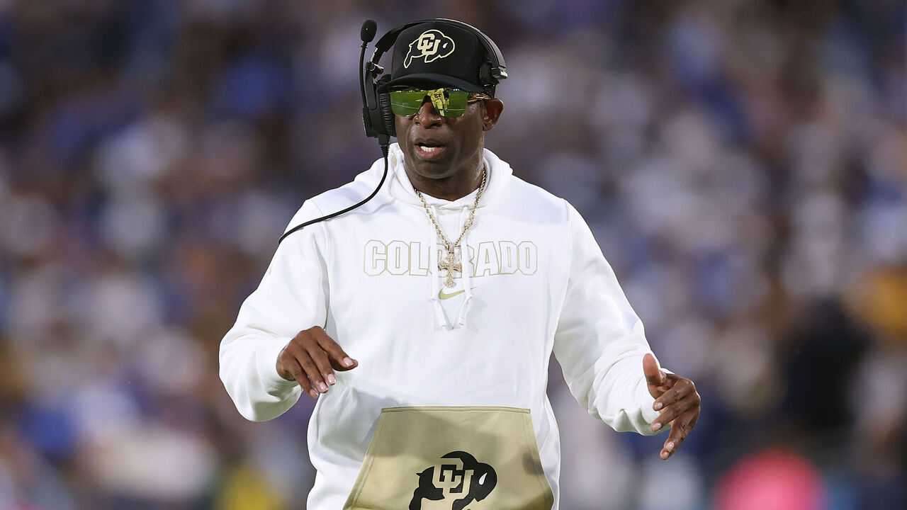 PASADENA, CALIFORNIA - OCTOBER 28: Head coach Deion Sanders of the Colorado Buffaloes looks on from the sidelines during the first half of a game against the UCLA Bruins at Rose Bowl Stadium on October 28, 2023 in Pasadena, California.