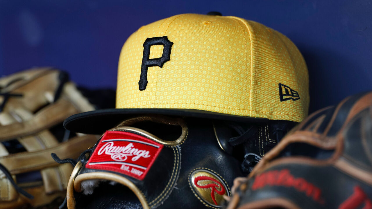 PITTSBURGH, PA - JULY 28: Detail view of a Pirates logo on a hat in the third inning during a regular season game between the Philadelphia Phillies and Pittsburgh Pirates on July 28, 2023, at PNC Park in Pittsburgh, PA.