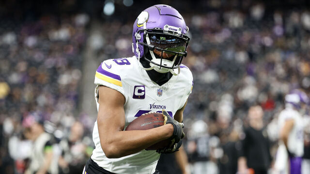 LAS VEGAS, NEVADA - DECEMBER 10: Justin Jefferson #18 of the Minnesota Vikings warms up before the game against the Las Vegas Raiders at Allegiant Stadium on December 10, 2023 in Las Vegas, Nevada.