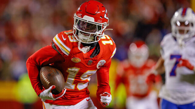 KANSAS CITY, MISSOURI - DECEMBER 10: Kadarius Toney #19 of the Kansas City Chiefs runs for a touchdown on a pass play negated by a penalty on Toney during the fourth quarter against the Buffalo Bills at GEHA Field at Arrowhead Stadium on December 10, 2023 in Kansas City, Missouri.